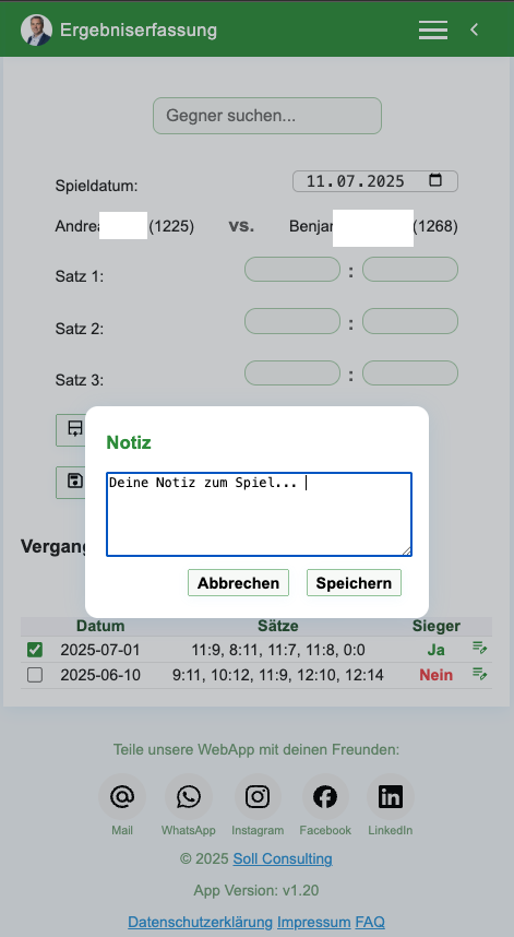 Beispiel Ergebnis Erfassung Notizen in der App